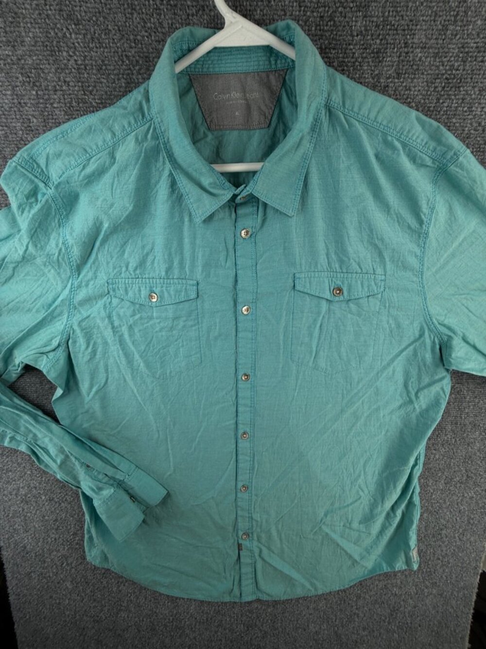 Calvin Klein Button Up Shirt Men XL Blue Long Sleeve Cotton Pockets Spread Adult